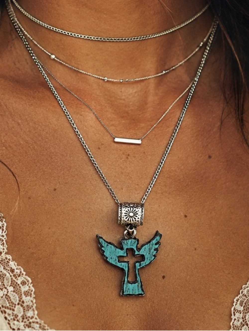 Silver Layered Necklace with Turquoise Angel Pendant